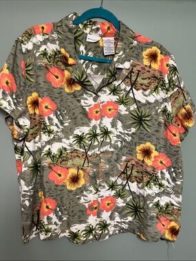 Tropical Floral Short-Sleeve Shirt - Olive with Coral & Yellow Flowers